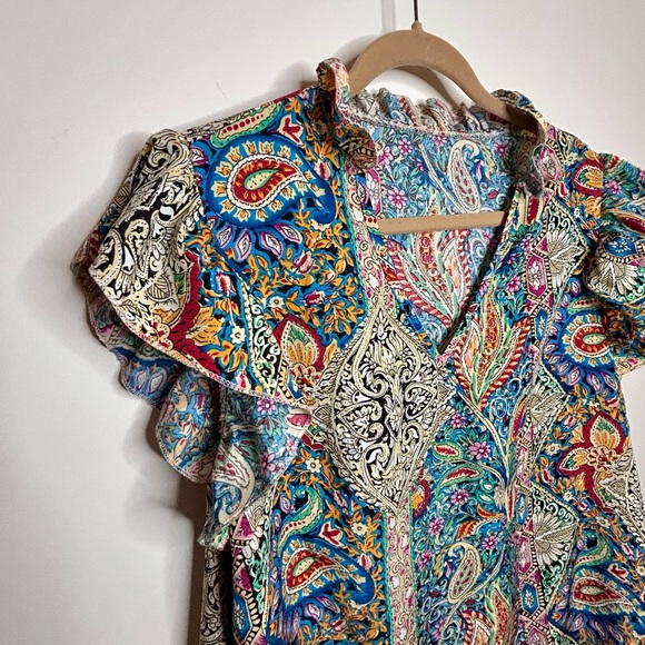 Emery Rose Blouse Ruffled Cap Sleeve Boho  Multicolor Paisley V Neck Top 1XL - Picture 6 of 10